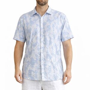 Coastaoro Light Blue and White plaid Leaf Print Tropical Shirt